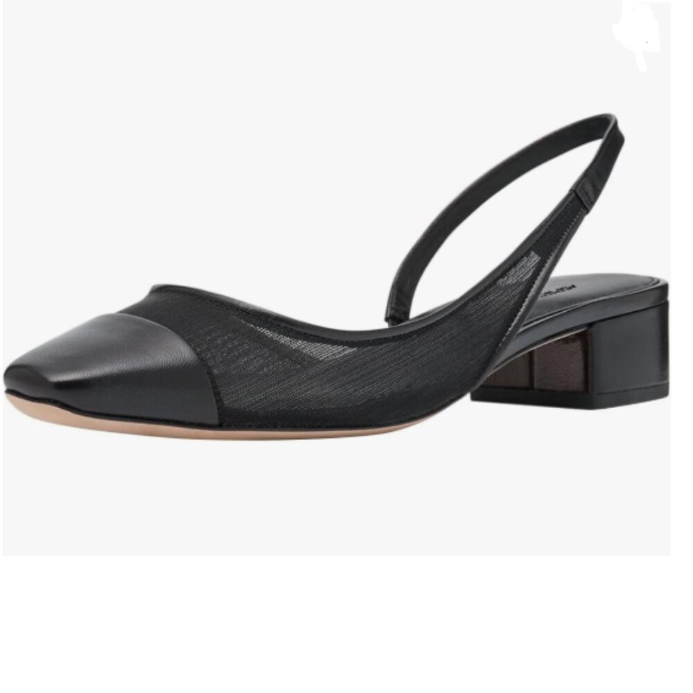 Black Mesh Square Cap Toe Slingback Pumps Slip on Chunky Low Heels Stylish Shoes